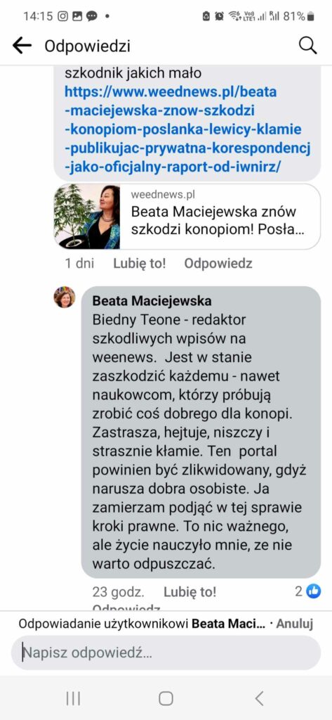 Beata Maciejewska grozi redakcji WeedNews.pl